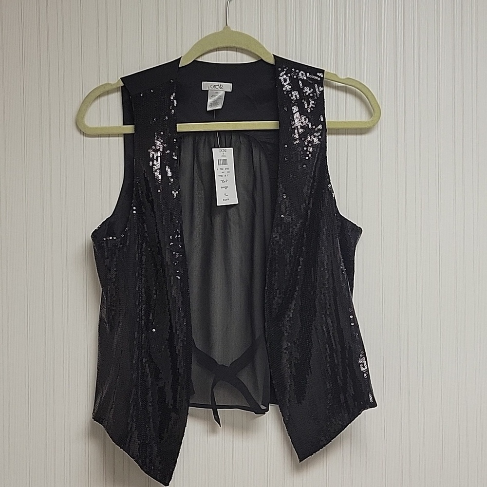 Cache new with tags black sequin vest sz 10 sequins on front sheer cut out back
